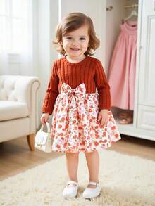 SHEIN Baby Girls' Casual Ditsy Floral Long Sleeve Ribbed Knit Dress, Autumn - Rust Brown - View 1