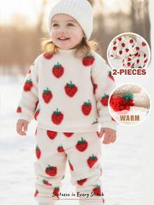 Cozy Pixies 2pcs Baby Girl Strawberry Pattern Thermal Lined Crew Neck Long Sleeve Sweatshirt Set, Suitable For Autumn/Winter Fall - Apricot - View 8