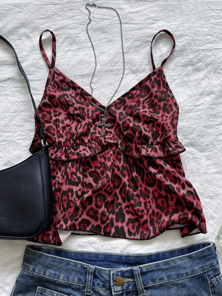 Chiquease Camiseta de tirantes con estampado de leopardo para mujer - Rojo - Ver 1