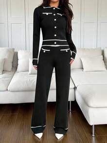 SHEIN PETITE 2 Stücke Damen Kontrast-Farbblock Knopfleiste Taschen Langarm Oberteil und Hose Set 2-teiliges Set für Herbst/Winter