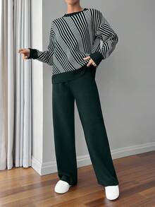 EURMUSE Women Balloon Sleeve Black And White Sweater Co-Ords Set - Dark Green - View 6