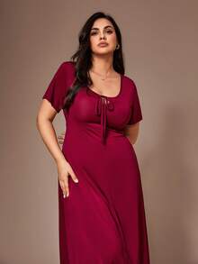 Lazeform Plus Size Women Casual Fitted Drawstring Decor Solid Color Knit Long Nightgown - Burgundy - View 5
