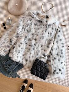 Girls' Elegant Faux Fur Patterned Outdoor Jacket, High-Quality, Warm, Sophisticated - Beige - View 2