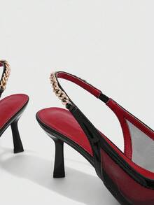 CUCCOO SZL Sepatu Hak Tinggi Wanita Ujung Lancip, Dekorasi Rantai Logam, Bagian Atas Jala, Lapisan Merah Seksi, Desain Tanpa Punggung Elegan, Sandal Hak Asimetris - Hitam - View 6