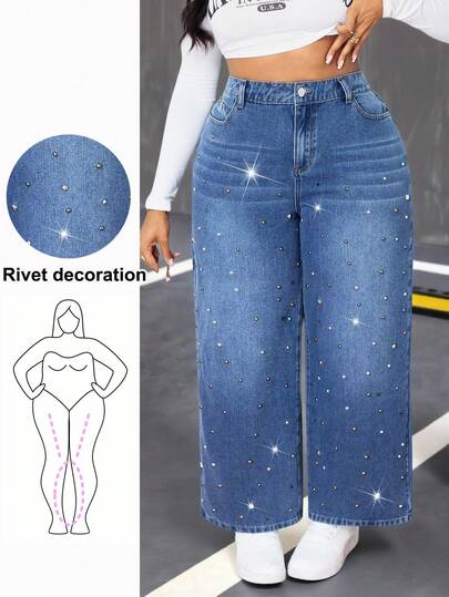 Slaydiva Jeans casuales anchos de talla grande para mujer con bolsillos y diseño con tachuelas