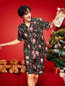 Notgurli Schelmisches Mädchen bequemer Bubble-Gaze Karomuster Kragen Vorderteil Kurzarm Shorts Herren Pyjama Set, hochwertige Bequemlichkeit Chic Herbst - Verschiedenfarbig - Übersicht 2