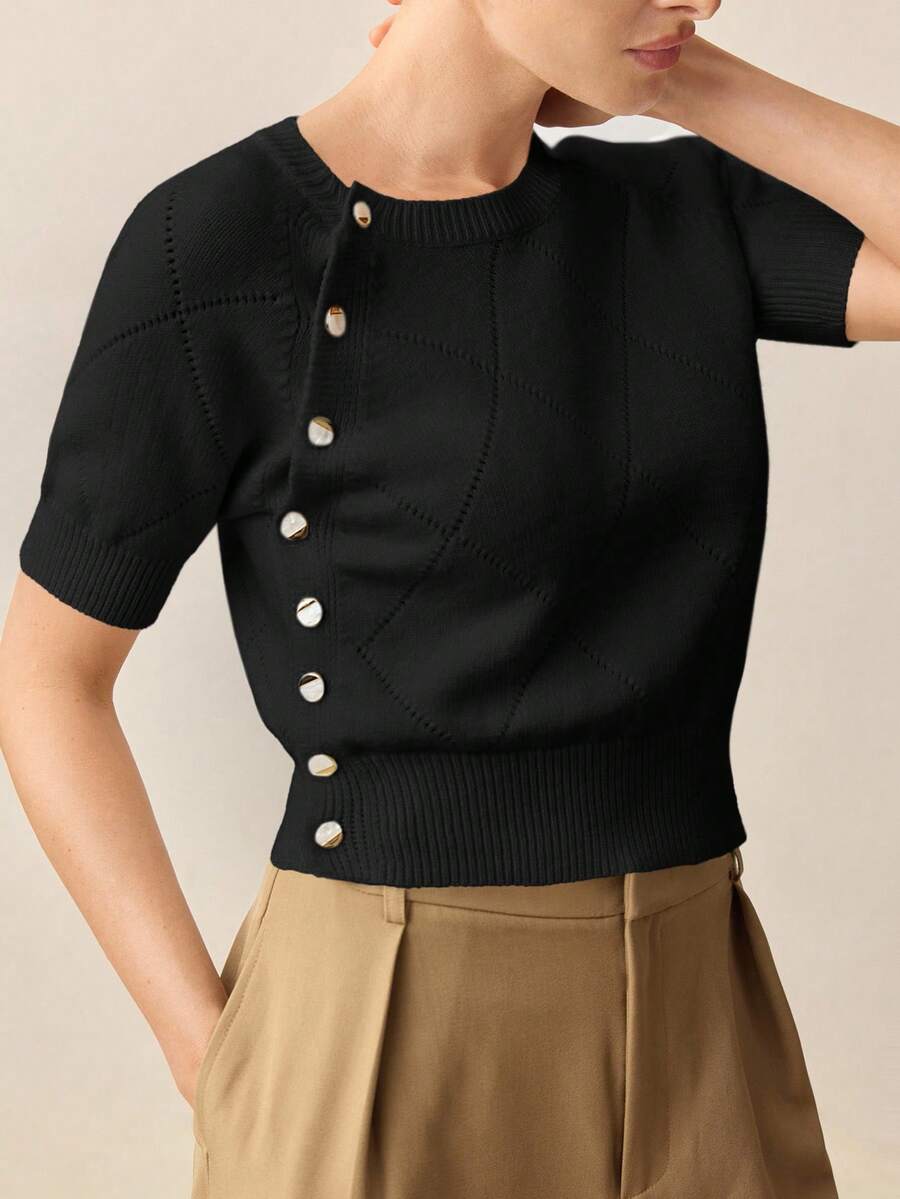 BizChic Damen Strickoberteil mit Diamantmuster, rundem Ausschnitt und seitlichen Knöpfen, modern, elegant, urbaner Alltag, vielseitig einsetzbar, 90er Jahre Retro-Stil, für Weihnachten, Neujahr, romantischen Valentinstag, Partys, Strand, Abschluss, Mode, Karneval, Feiertage, Lässig, minimalistisch, geeignet für Hochzeitsgäste, Gastgeber, Dates, Partys, Konzerte, Brunch, Flughafen, Mehrzweck - Schwarz - Übersicht 1