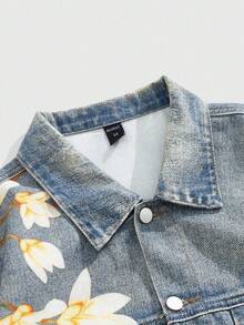 ROMWE MEN Street Life 男士花卉印花长袖单排扣休闲牛仔夹克，秋季 - 藍色 - 查看 3