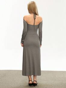 INAWLY Women's Elegant Off Shoulder Ruched Fitted Flowy Hem Long Dress, Solid Gray Color, Spring/Autumn - Grey - View 2