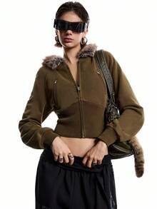 LYSMO 2025新款极简主义冬季休闲时尚街头拉链插肩袖人造毛皮连帽宽下摆短款外套，秋季女士短款连帽衫，短款拉链连帽外套，女士短款夹克，冬季新年造型和圣诞节街头服饰，以及斯德哥尔摩风格 - 橄欖綠 - 查看 4