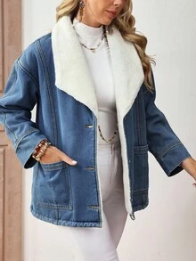EMERY ROSE 女士休闲牛仔夹克，带保暖衬里，大翻领，单排扣，长袖，适合秋冬季 - 淺色水洗藍 - 查看 4