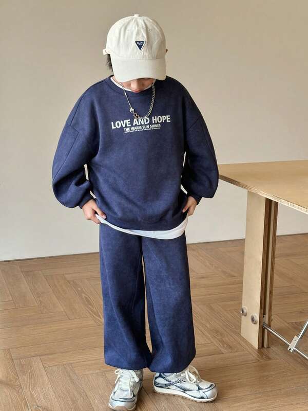 SHEIN 2 pièces Ensemble de mode de rue décontractée pour pré-adolescent, style coréen avec Sweat-shirt à capuche flocon de neige et pantalon de survêtement à taille élastique de couleur unie, convient pour la rentrée scolaire, l'anniversaire, bébé