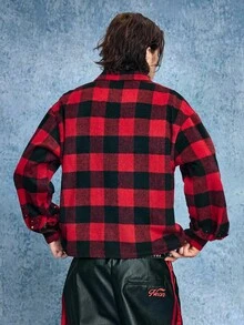 ROMWE MEN Casual Men's Plaid Letter Embroidery Rhinestone Wool Blend Overcoat, Fall/Winter - Multicolor - View 2