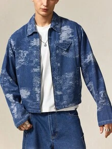 ROMWE MEN Street Life Men's Casual Fashion Street Full Print Zip-Up Denim Jacket, Spring/Autumn - Blue - View 5