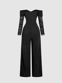 SHEIN MOD Women's Black Off Shoulder Mesh Bustier Jumpsuit,Fall/Winter,Thanksgiving ,Women's Halloween Costume,Vintage,Elegant, Luxury ,Wedding,Luxury Evening Jumpsuit For Weddings,Party,New Year,Black Jumpsuit - Black - View 2