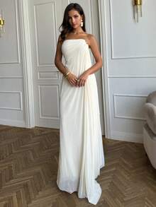 SHEIN BAE Váy màu mơ thanh lịch với viền xếp nếp, nút trang trí bằng kim loại, không dây, phù hợp cho mùa thu, váy dạ hội gợi cảm cho buổi hẹn hò, sinh nhật, tiệc hộp đêm, Halloween, Giáng sinh, dịp trang trọng - Màu be - Xem 1