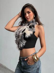 Aloruh Top court en patchwork de fausse fourrure pour festival de musique Y2K