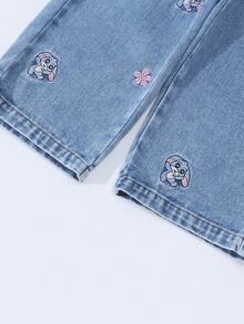 SHEIN ChillGRL Young Girl's Casual Straight Leg Jeans With Rabbit Print, Fashion Streetwear Suitable For School And Daily Wear. Adorable Rabbit Print In Blue And Purple, Ruffle Waistband Design, Relaxed Fit Light Blue Washed Denim. Elastic Waistband Provides Comfort, Suitable For Everyday Outings, Vacation, Campus Life And Hanging Out With Friends. - Blue - View 7