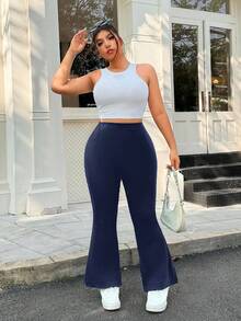 SHEIN EZwear 海军蓝加大码女式松紧腰喇叭裤 - 藏蓝色 - 查看 6