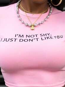 SHEIN Áo thun nữ cổ tròn tay ngắn in khẩu hiệu thường ngày mùa hè, áo thun họa tiết Áo thun họa tiết nữ - Màu Hồng baby - Xem 4