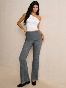 Poéselle Women's Casual Fold-Over Waist Ribbed Knit Pants,Gray Knit Foldover Waist Wide Leg Pants – Comfy High Waisted Sweater Trousers For Women, Y2K Fall 2025,Foldover Waist Knit Pants,Cute Fall Clothes,Grey Ribbed Trousers,Fall Sweater Pants