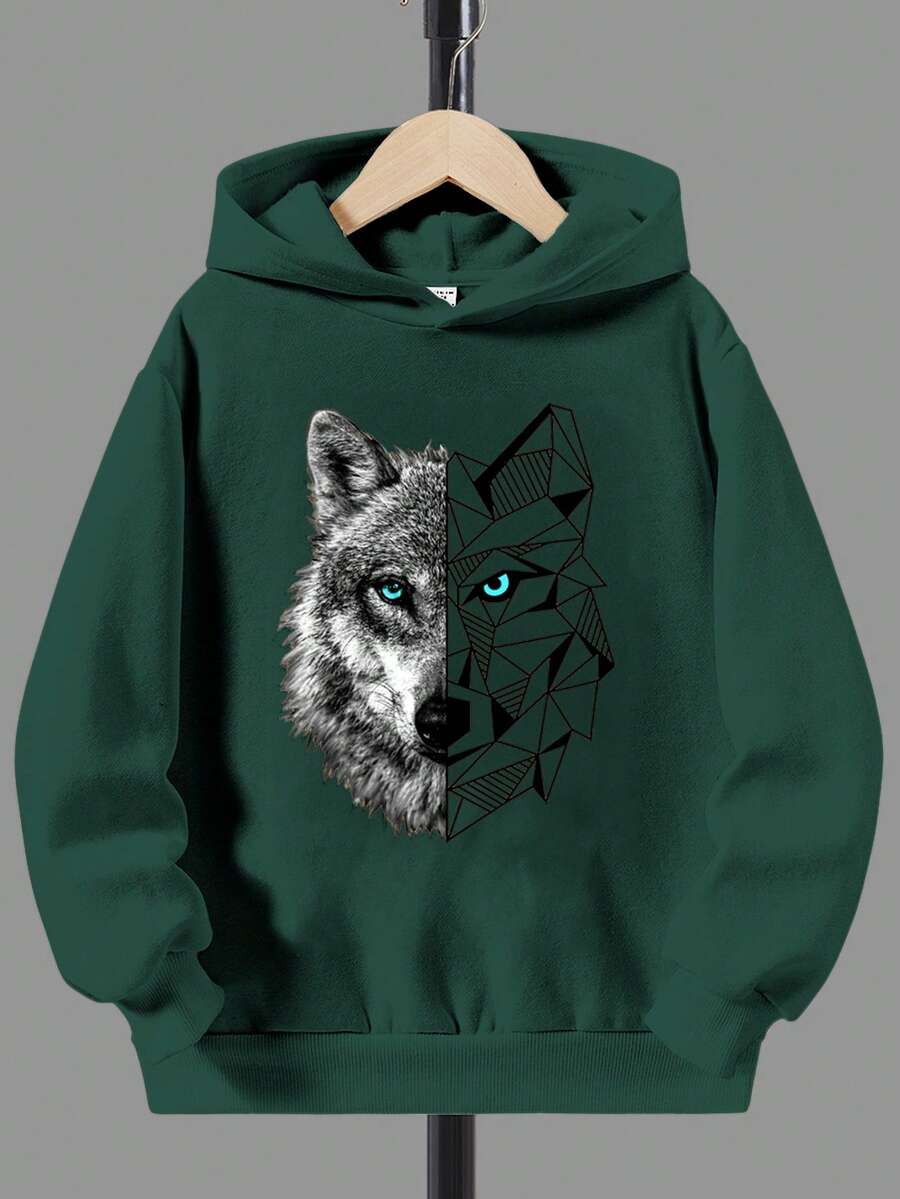 SHEIN Tween Boys Casual Pattern Thick Hooded Long Sleeve Sweatshirt, Suitable For Autumn/Winter - Green - View 1
