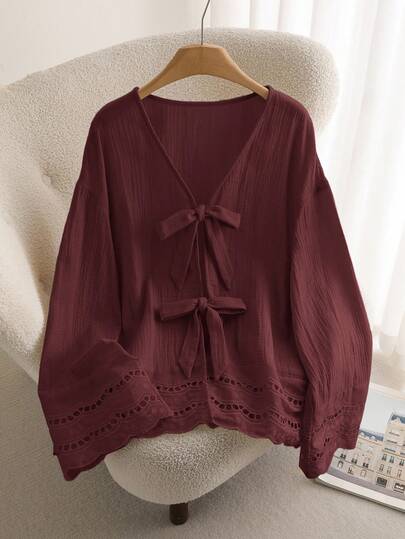 CosyJoli Plus Size Casual V-Neck Long Sleeve Shirt With Tie-Up, Red Floral Lace Patchwork Texture/Fall/Winter Bow Top Women, Red Top For Women  Cute Blouses