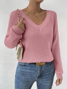 SHEIN LUNE Women's Casual Everyday Commute Simple Solid V-Neck Raglan Sleeve Ribbed Knit Pullover Sweater, Autumn/Winter - Pink - View 4