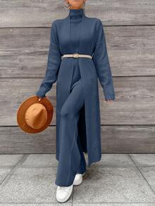 EURMUSE Women's Solid Color Long Sleeve Knitted Cardigan, Turtleneck Sleeveless Knit Top And Knitted Pants Casual Suit, Autumn - Dusty Blue - View 8