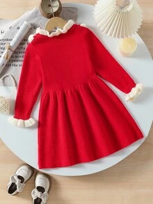 1 件女童红色毛衣裙，可爱返校装，秋冬 - 紅色 - 查看 2