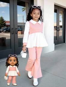 2pcs Young Girls Set: Faux Pearl Decor Long Sleeve Shirt And Flared Flare Pants, Spring/Autumn