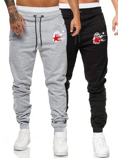 ROMWE MEN Street Life Pantalones jogger casuales para hombres con estampado de estrellas, cintura con cordón y bolsillos