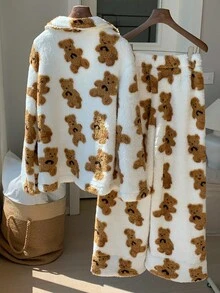 Comfortcana 2pcs Women Casual Bear Print Jacket And Pants Set, Autumn/Winter Fluffy Pajamas