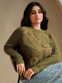 Anewsta 宽松针织毛衣，钩编镂空花卉拼布设计，圆领 - 綠色 - 查看 6