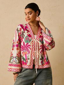 Travachic Retro Print Tie Front Casual Plus Size Blouse For Women Boho Blouses Women S Blouses For Summer Silk Blouse Women Blouses For Summer Anthropologie Clothes Cozy Fall And Winter Clothes For Women Elegant Pink Tops