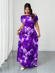 Elenzga Plus Size Printed Sexy Asymmetrical Shoulder Ruched Waist Elegant Dress