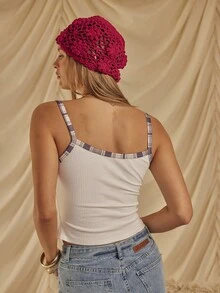 Aralina Fall / Winter Ribbed Fitted Singlet Tank Top With Contrast Plaid Print Binding And Straps Perfect Elevated Basic Tank Top And Going Out Top - White - View 2