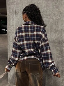 StreetHx Women's Plaid Long Sleeve Shirt, Streetwear Style, Autumn - Navy Blue - View 2