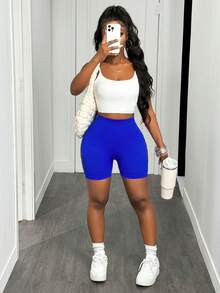 Slaydiva Minimalist Solid Color Seamless Sports Shorts, Fashionable For Summer - Royal Blue - View 5