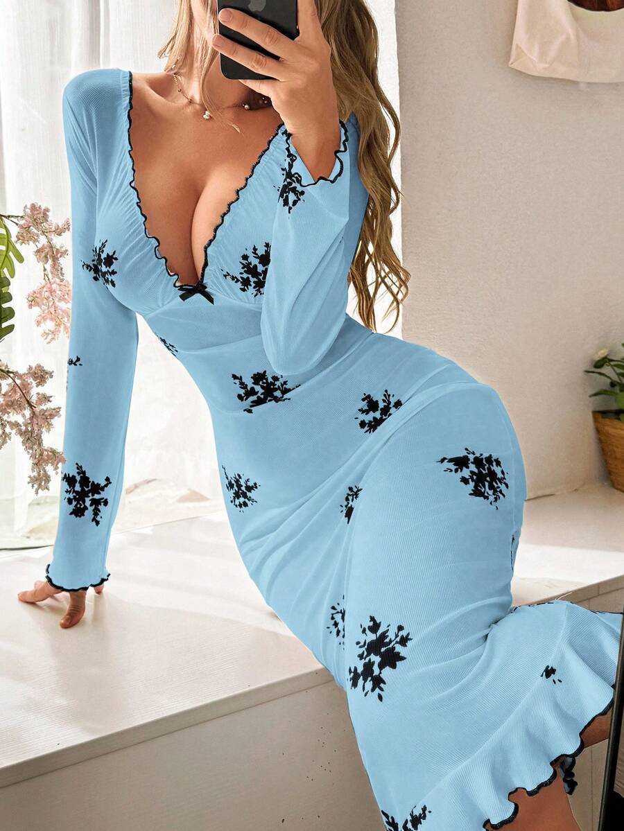 SHEIN 女士罗纹印花V领荷叶边蝴蝶结装饰长袖睡裙，冬季 - 藍色 - 查看 1