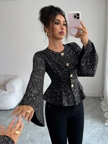 Elenzga Women's Round Neck Cinched Waist Ruffle Hem Shiny Silver Lightweight Jacket