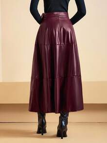 Zivah 2025 秋冬新品，音乐节，毕业季，学院风，学生装，日常休闲，度假，海滩，街头风，通勤优雅，腰带口袋PU皮裙，酒红色 - 酒紅色 - 查看 2