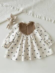 Cozy Pixies Baby Girl Butterfly Pattern Patchwork Fleece Contrast Color Ruffle Collar Long Sleeve Dress Fall Winter