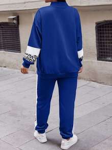 EURMUSE Cotton Plus Leopard Print Colorblock Drop Shoulder Sweatshirt & Sweatpants - Royal Blue - View 2