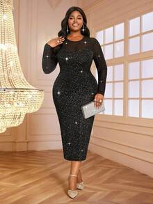 Fleurora Vestido largo elegante minimalista con cuello alto, manga larga y parches de malla para mujer de talla grande. Atuendo para el Día de San Valentín, vacaciones, playa, crucero y conciertos de música country en verano.