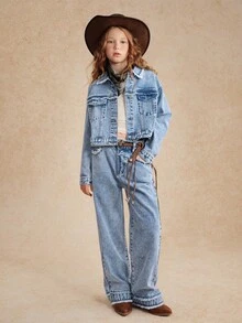 Bộ đồ denim hai mảnh cho bé gái tuổi teen, Bộ đồ denim thiết kế tua rua thời trang thường ngày đa năng, Thích hợp mặc hàng ngày, đi học, trở lại trường, chụp ảnh, du lịch và nhiều hơn nữa - Rửa trung bình - Xem 7