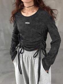 FRIFUL Women's Round Neck Long Sleeve Casual T-Shirt With Drawstring Hem Modest Top Long Sleeve Black Top Long Sleeve Tops Tie Up Top Dark Grey Top - Grey - View 3
