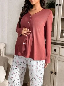 Moonlight&Mama Zestaw piżamowy Moonlight & Mama dla kobiet w ciąży, jednokolorowy, dzianinowy, z długim rękawem i spodniami, z drobnymi kwiatowymi spodniami, odzież nocna, jesienne ubrania, zestawy piżamowe dla kobiet z długim rękawem, zimowe - Wielokolorowe - Zobacz 7