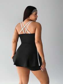 Rhythm Era Plus Size Women's Colorblock Shoulder Strap Adjustable Buckle Front Panel Contrast Trim Sleeveless Casual Dress With Detachable Shorts Pockets, Suitable For Daily Casual Wear, Running, Yoga, Gym, Tennis, Golf, Etc., Spring/Summer/Autumn - Black - View 2