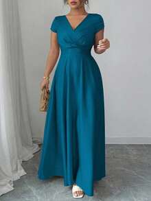 Elenzga Vestido largo elegante y romántico con cuello en V, manga corta, cintura plisada y línea A para mujer de talla grande. Adecuado para banquetes, fiestas, invitados de boda, atuendo de hermandad, con un suave brillo satinado.